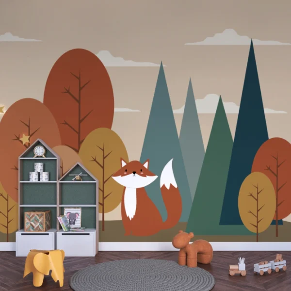 Papel de parede com raposa em meio à floresta minimalista.