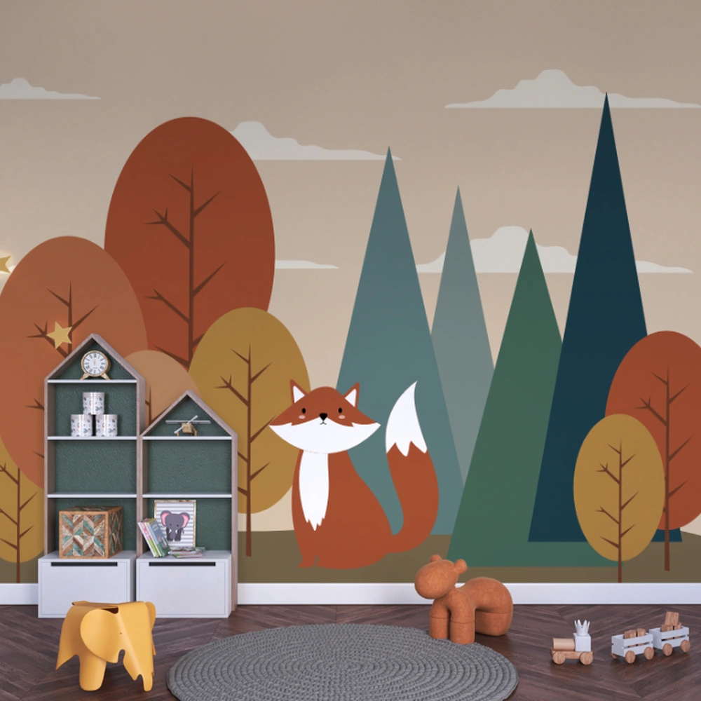 Papel de parede com raposa em meio à floresta minimalista.
