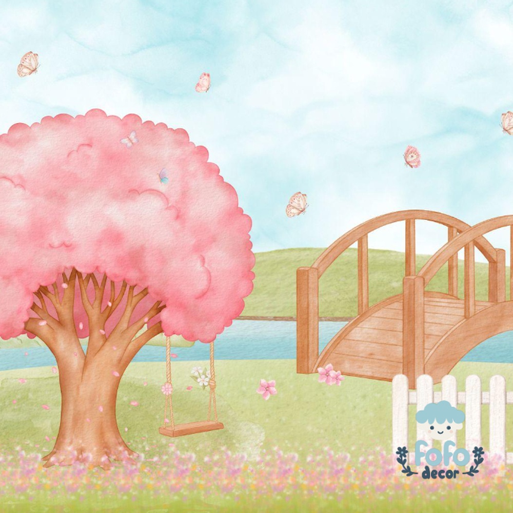 Papel de parede infantil com cenário lúdico de jardim florido e céu azul.