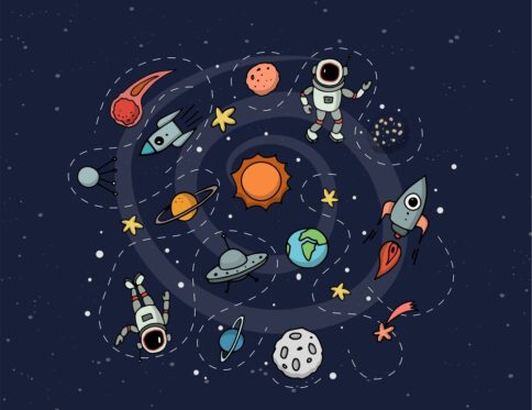 Design de papel de parede infantil com temática espacial, incluindo foguetes, planetas e estrelas, criando uma atmosfera de aventura no espaço.