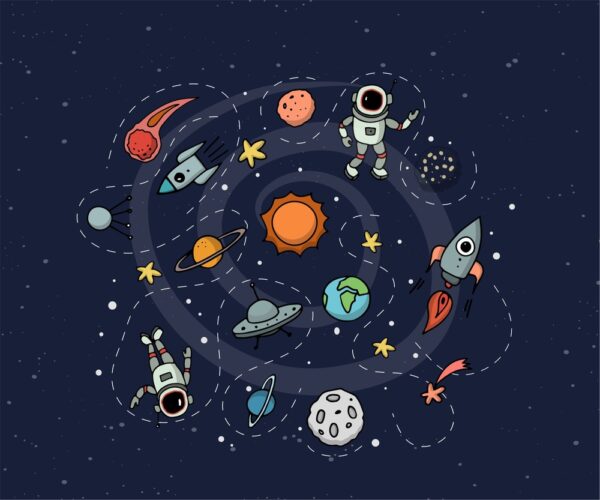 Design de papel de parede infantil com temática espacial, incluindo foguetes, planetas e estrelas, criando uma atmosfera de aventura no espaço.