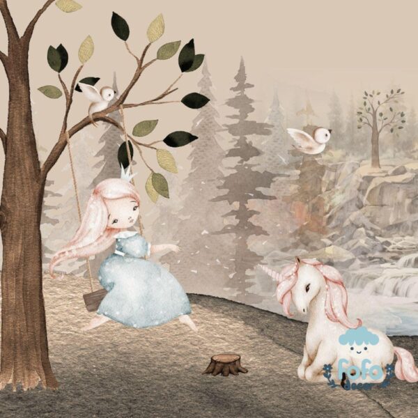 Arte infantil com uma menina em um balanço e um unicórnio em um bosque mágico.
