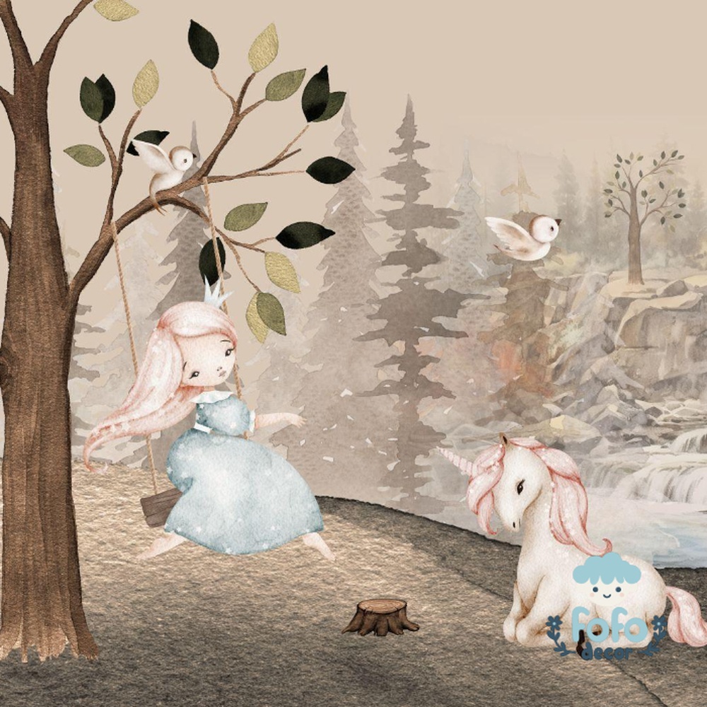 Arte infantil com uma menina em um balanço e um unicórnio em um bosque mágico.