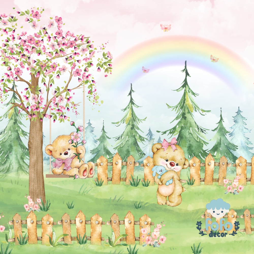 Ilustração delicada com ursinhos brincando em um cenário encantador de floresta, flores e arco-íris.