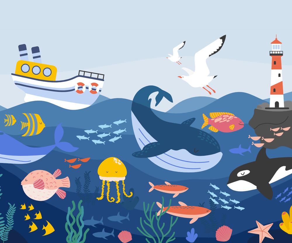Decoração infantil com temática marinha, trazendo peixes, corais e criaturas do fundo do mar para um ambiente encantador.