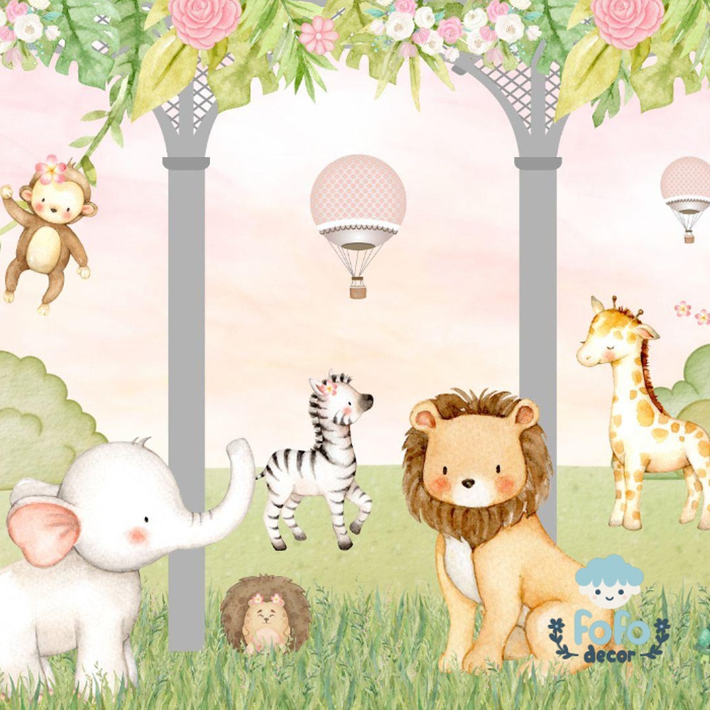 Papel de parede infantil com animais fofos do safari, como leão, elefante, zebra e girafa, em um cenário encantador.
