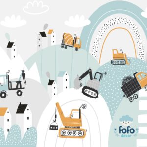 Design lúdico de caminhões e máquinas em um canteiro de obras infantil para papel de parede.