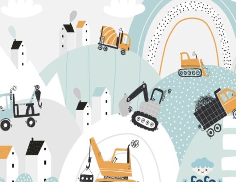 Design lúdico de caminhões e máquinas em um canteiro de obras infantil para papel de parede.