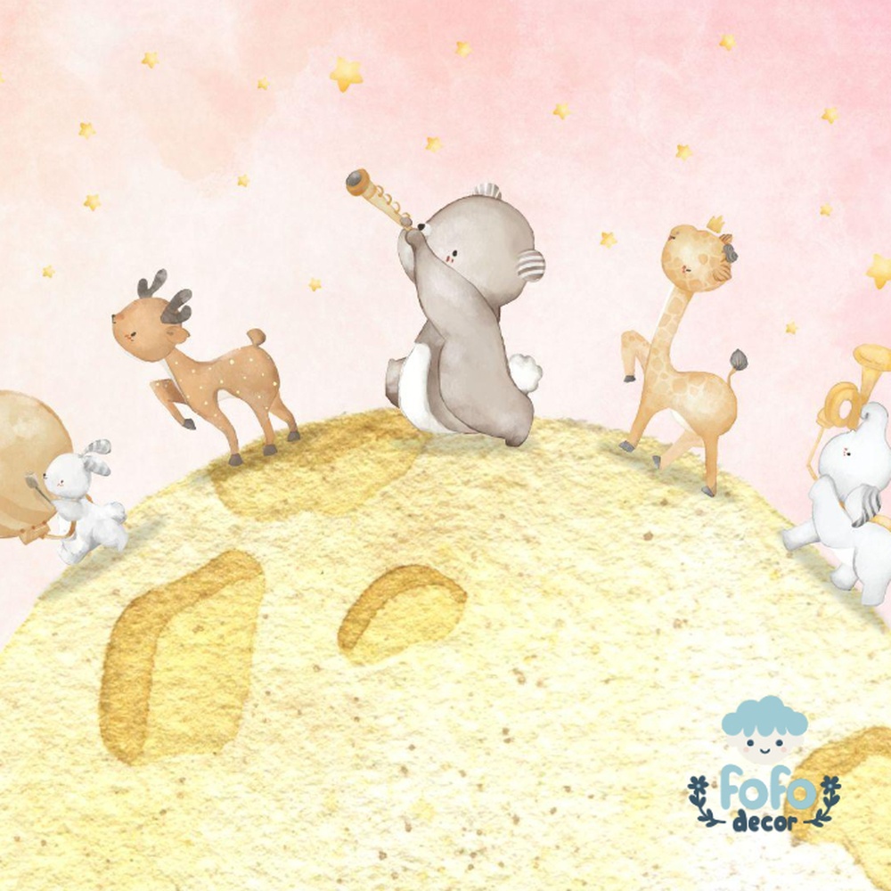 Papel de parede infantil com animais exploradores em uma paisagem lunar mágica, com estrelas e um fundo rosado.