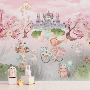 Papel de Parede Lúdico Aventura no Jardim com Castelo e Animais