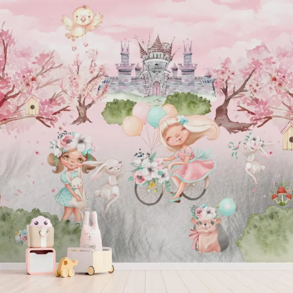 Papel de Parede Lúdico Aventura no Jardim com Castelo e Animais