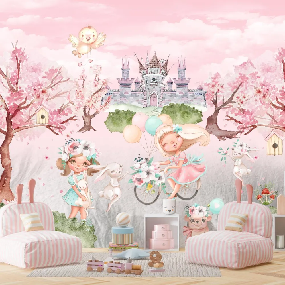 Papel de Parede Lúdico Aventura no Jardim com Castelo e Animais