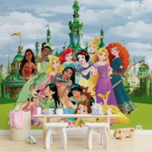 Ilustração encantadora de princesas em um jardim mágico com um castelo ao fundo, céu azul e detalhes florais.