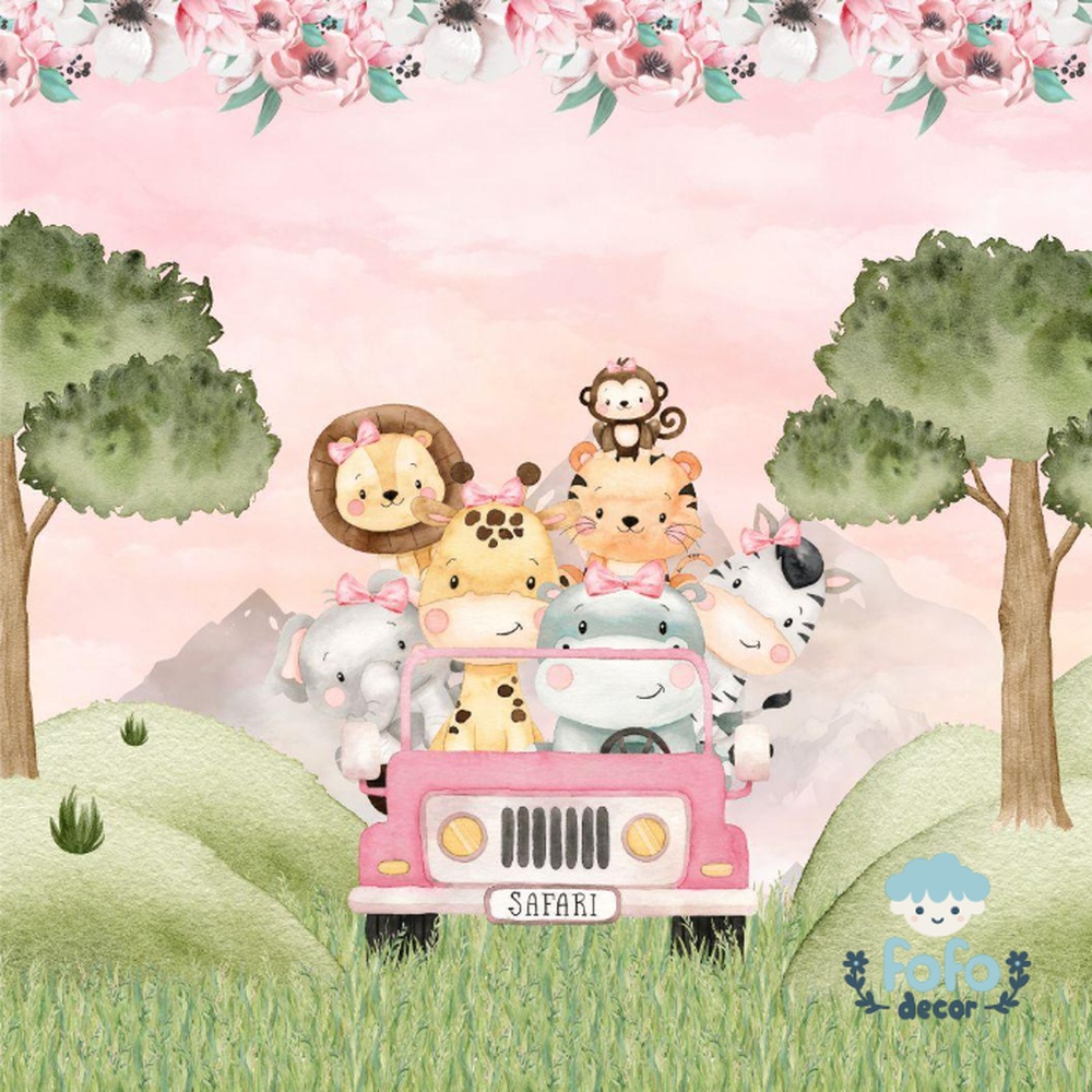 Ilustração encantadora com leão, girafa, zebra, elefante e outros animais em um carro, ideal para ambientes infantis.