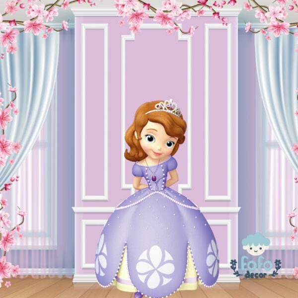 Ilustração de uma princesa vestida de lilás em um palácio decorado com flores.