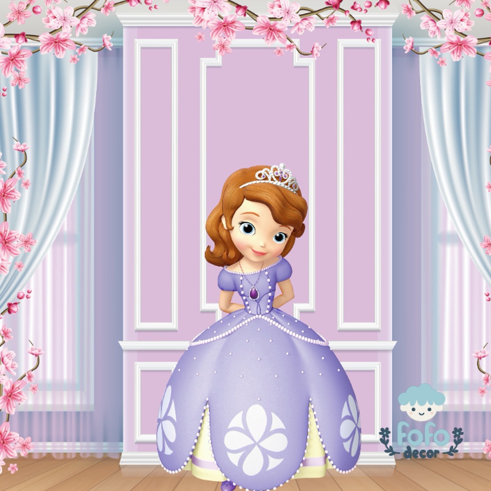 Ilustração de uma princesa vestida de lilás em um palácio decorado com flores.