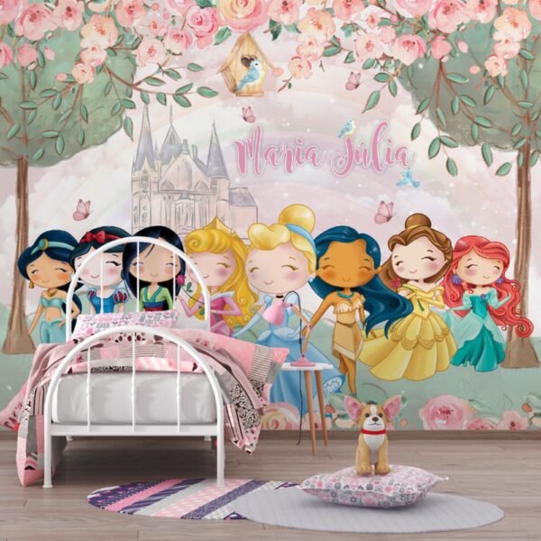Desenho artístico de princesas com um fundo romântico de flores e castelo.