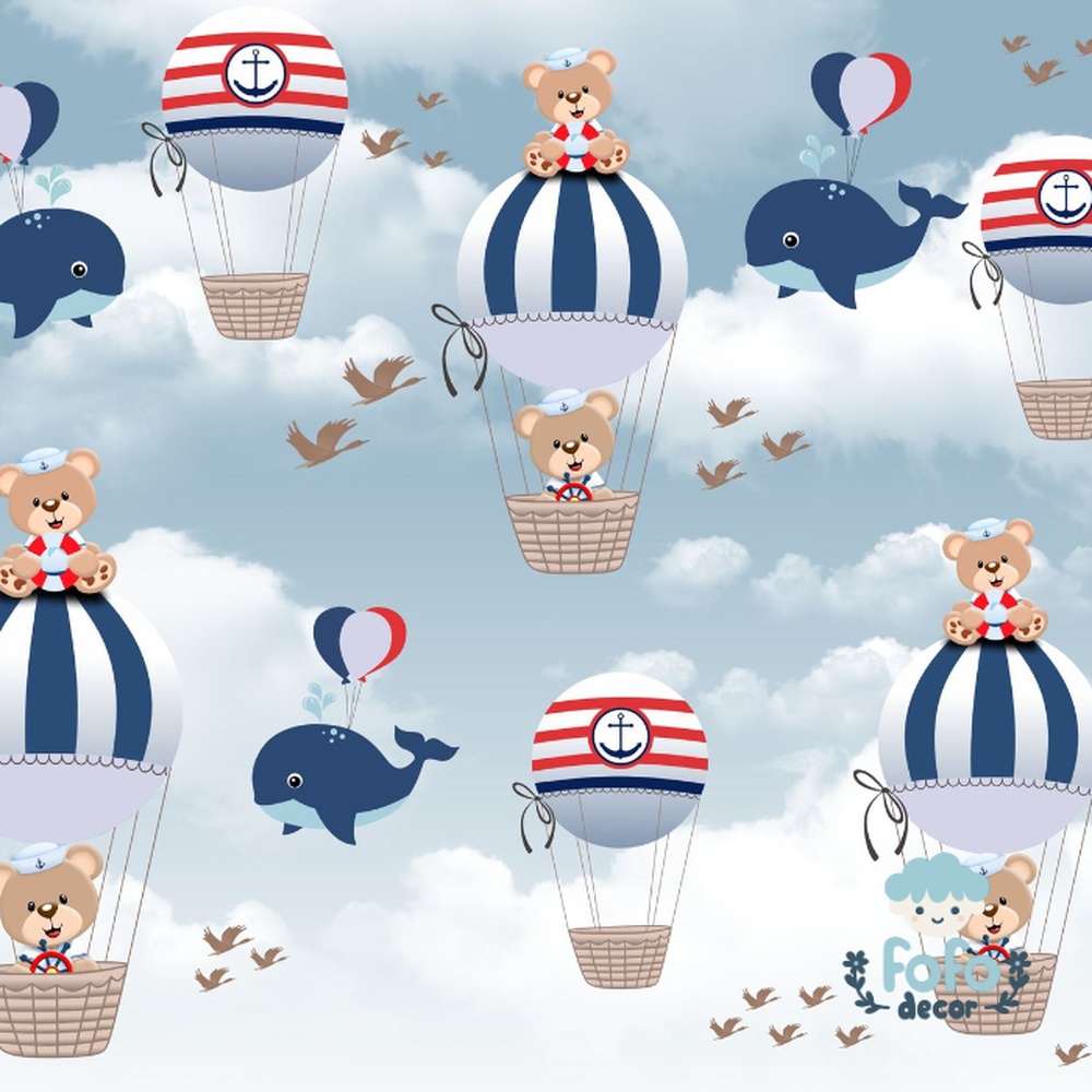 Papel de parede com tema marinheiro, featuring ursinhos fofos em um cenário náutico.