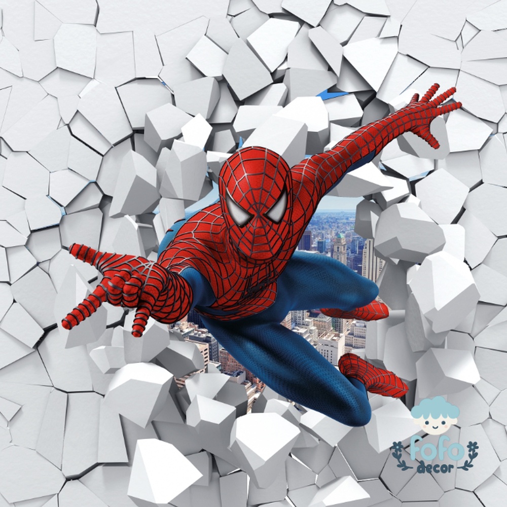 Imagem dinâmica de um personagem inspirado em heróis aracnídeos, criando um efeito realista na decoração.