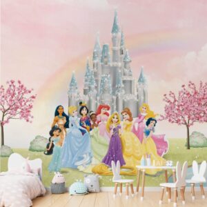 Ilustração encantadora com as princesas da Disney em frente a um castelo brilhante, cercado por flores e um céu cor-de-rosa com arco-íris.