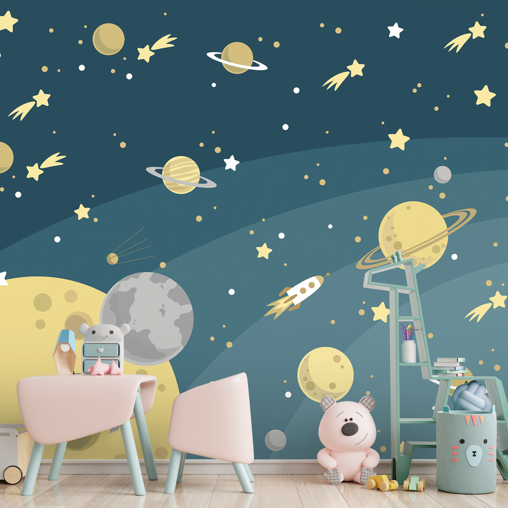 Decoração infantil com tema espacial, ideal para quartos de crianças