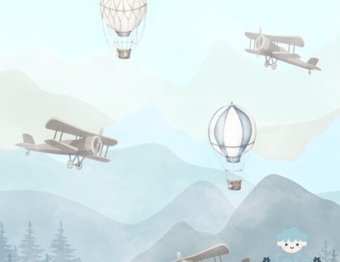 Balões e aviões vintage sobrevoando paisagens montanhosas em estilo retrô.