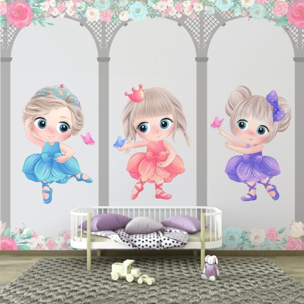 Decoração temática de quarto infantil com bailarinas em tons suaves.