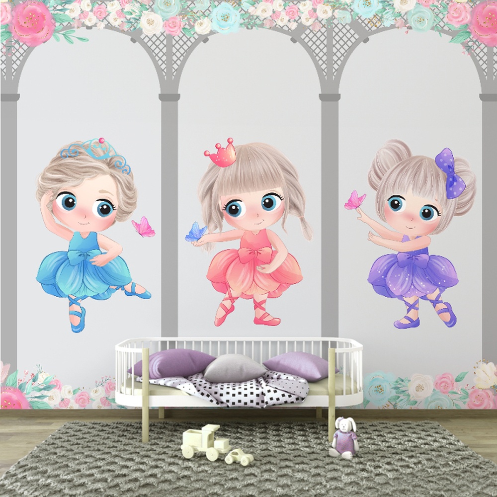 Decoração temática de quarto infantil com bailarinas em tons suaves.