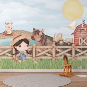 Ilustração aquarela de animais da fazenda em um cenário encantador para decoração infantil.