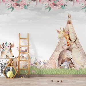 Ilustração aquarela de tenda cercada por flores delicadas para decoração infantil.