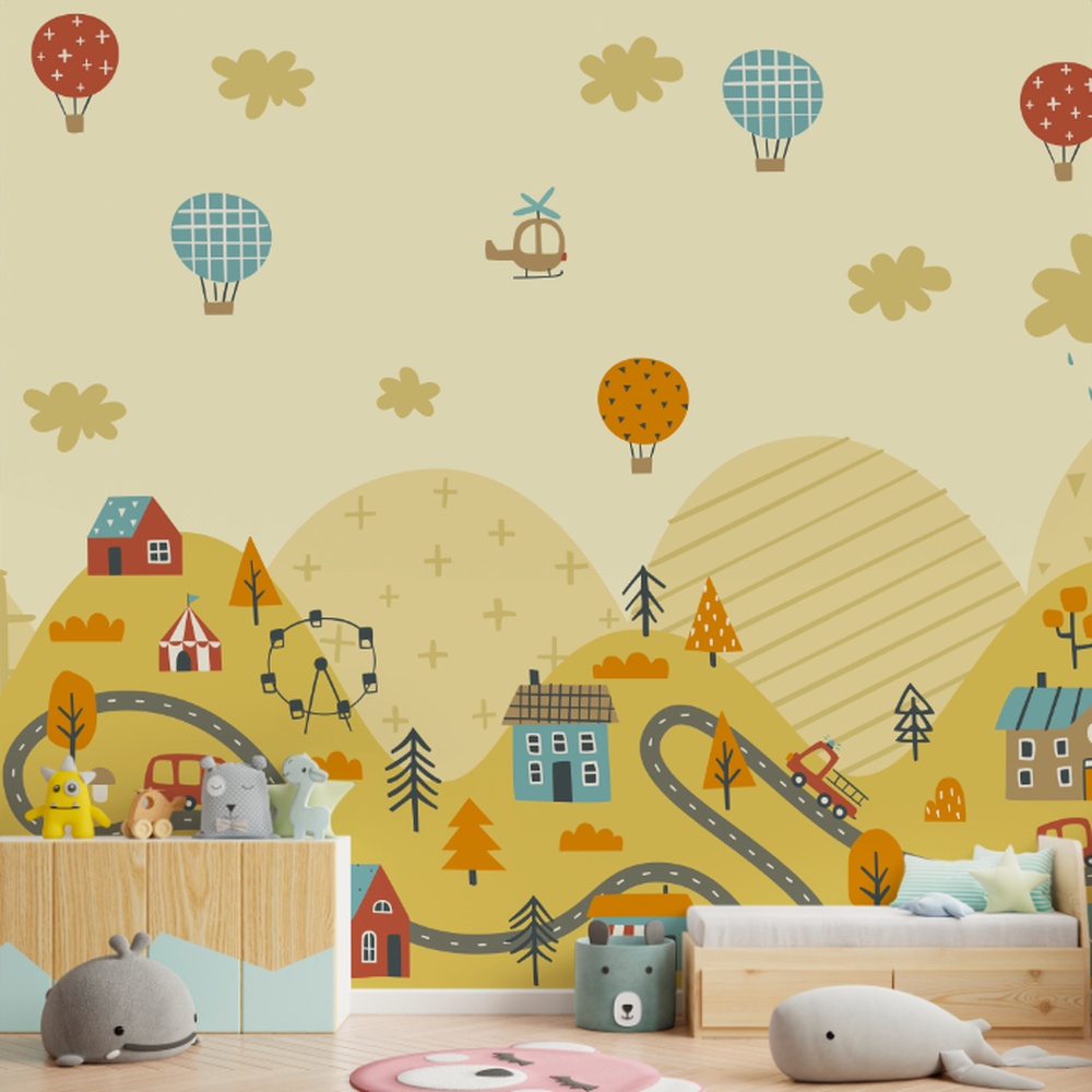 Design encantador com tema de cidade e natureza, trazendo um toque criativo e divertido ao ambiente.