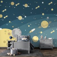 Papel de parede Universo Infantil com estrelas, planetas e foguetes