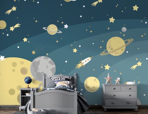 Papel de parede Universo Infantil com estrelas, planetas e foguetes