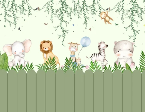 Painel decorativo com elefante, leão, girafa, zebra, hipopótamo e macaco em um cenário lúdico.