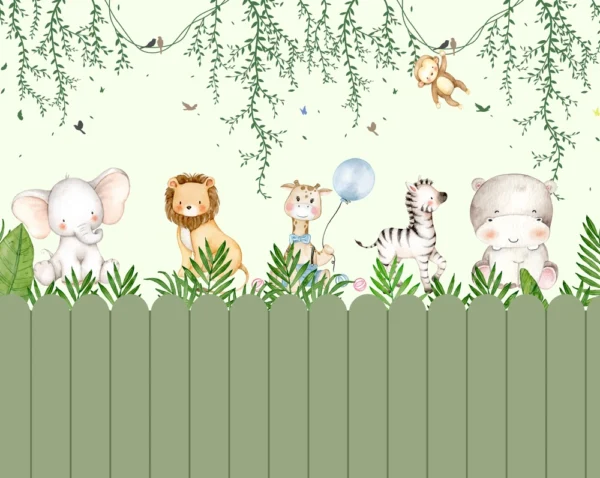 Painel decorativo com elefante, leão, girafa, zebra, hipopótamo e macaco em um cenário lúdico.