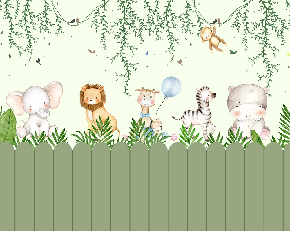 Painel decorativo com elefante, leão, girafa, zebra, hipopótamo e macaco em um cenário lúdico.