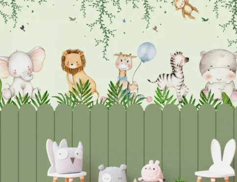 Ilustração aquarelada de bichinhos do safari em um ambiente verde com cerca e plantas.