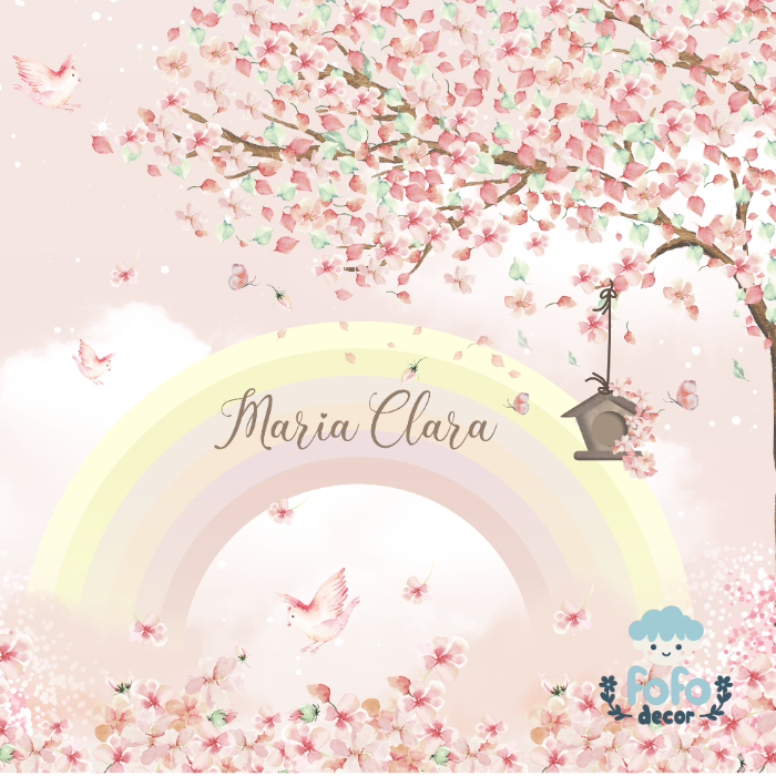 Ilustração encantadora de cenário infantil com fundo floral, arco-íris e nome personalizado