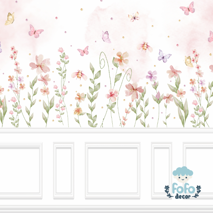 Painel decorativo floral delicado, com borboletas coloridas e detalhes românticos em tons pastel.