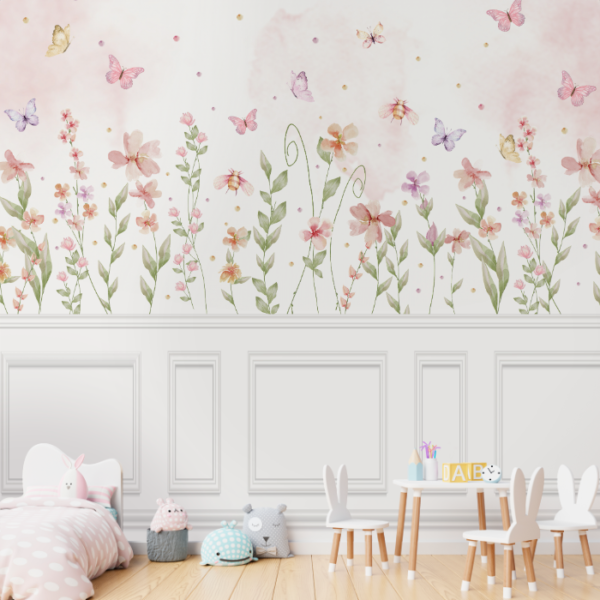 Ilustração elegante com folhagens, flores suaves e insetos em um fundo branco sofisticado. Legendas