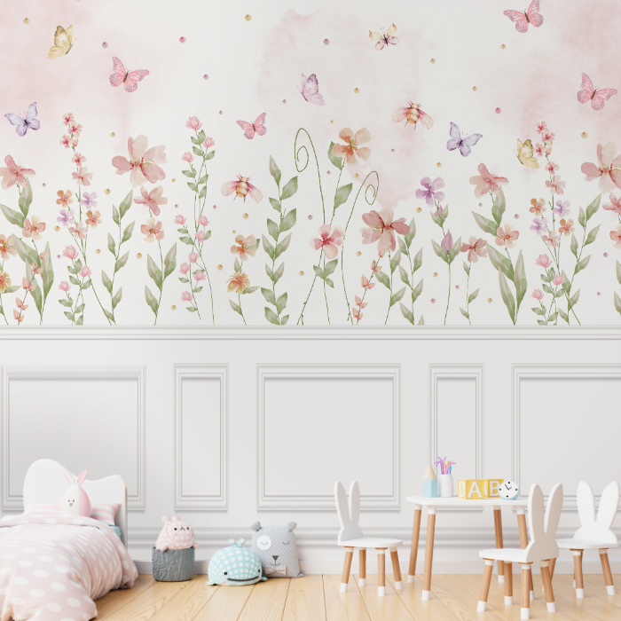Ilustração elegante com folhagens, flores suaves e insetos em um fundo branco sofisticado. Legendas
