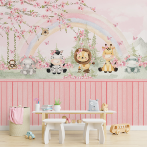 Papel de parede infantil com animais fofinhos, laços rosas e um arco-íris suave em aquarela.