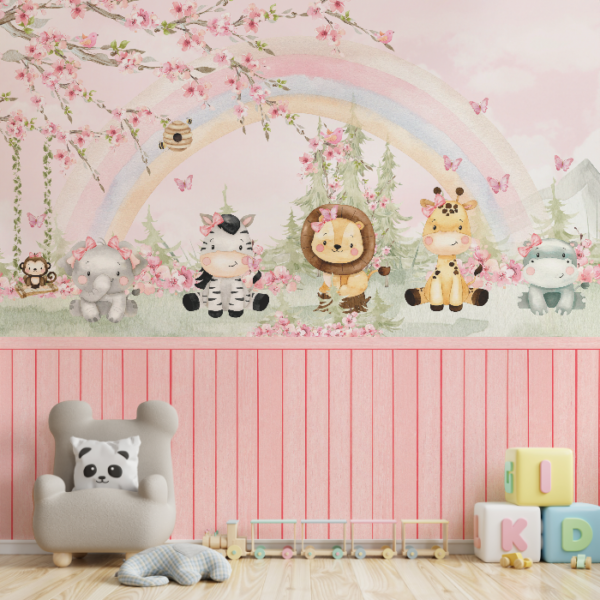 Design delicado para quarto de bebê, com leão, girafa, zebra, elefante e hipopótamo em um cenário encantador.