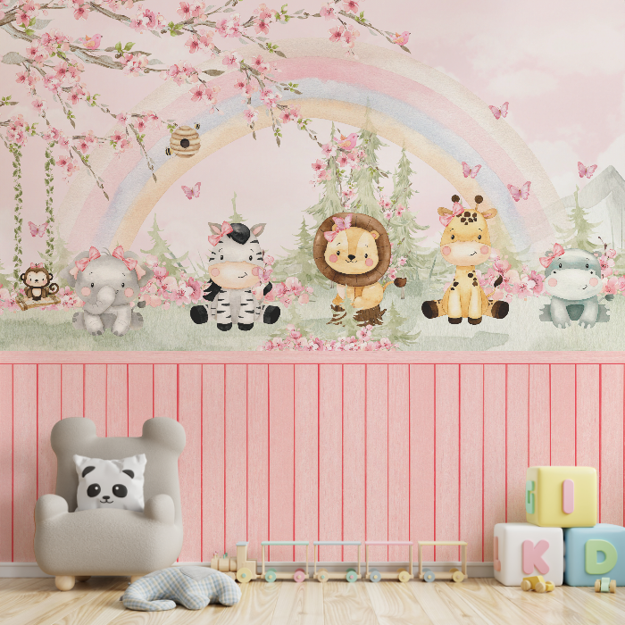 Design delicado para quarto de bebê, com leão, girafa, zebra, elefante e hipopótamo em um cenário encantador.