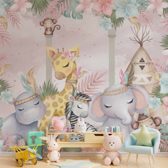 Painel decorativo com animais da selva em estilo aquarelado, cercados por elementos tribais e tons pastel.