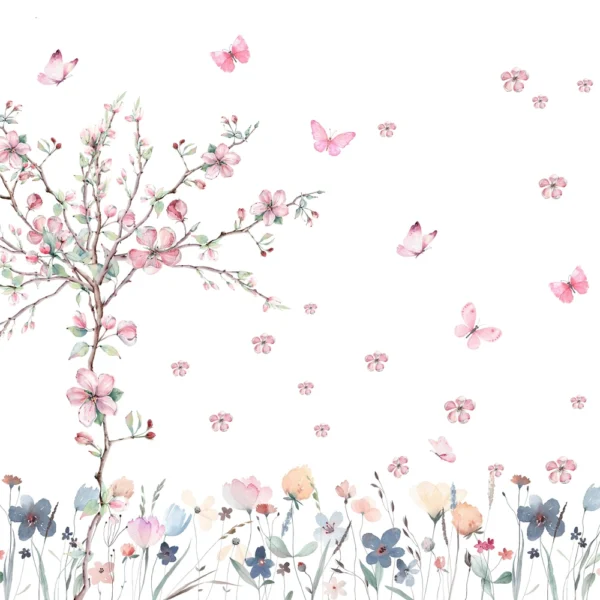 Painel decorativo com flores suaves, borboletas cor-de-rosa e fundo branco minimalista.