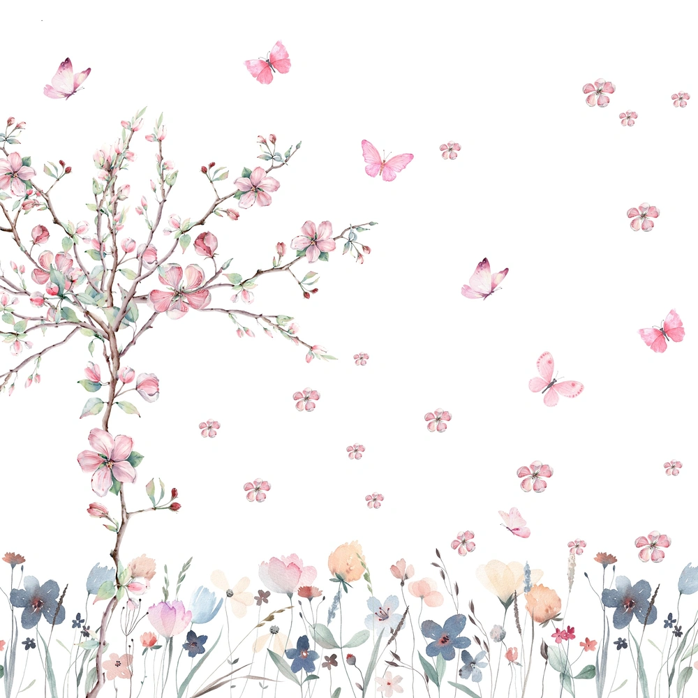 Painel decorativo com flores suaves, borboletas cor-de-rosa e fundo branco minimalista.