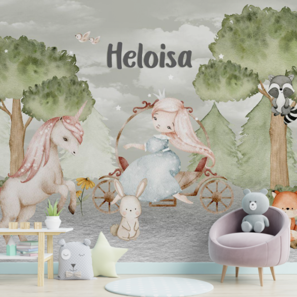 Papel de parede infantil com cena encantada de princesa, coelho, guaxinim e raposa na natureza