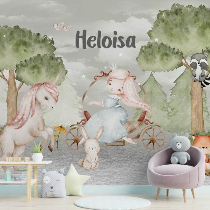 Papel de parede infantil com cena encantada de princesa, coelho, guaxinim e raposa na natureza