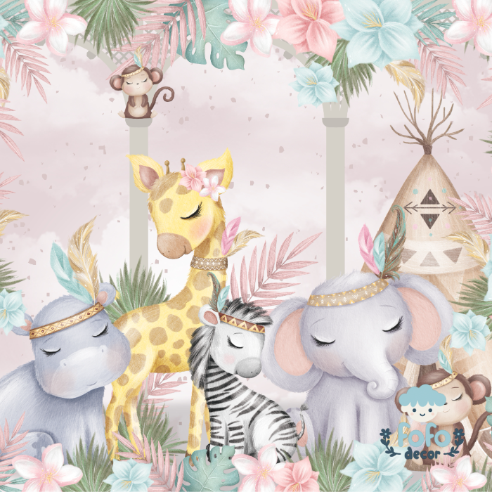 Ilustração delicada de bichinhos fofos em meio a uma decoração boho com tenda, colunas e folhagens tropicais.